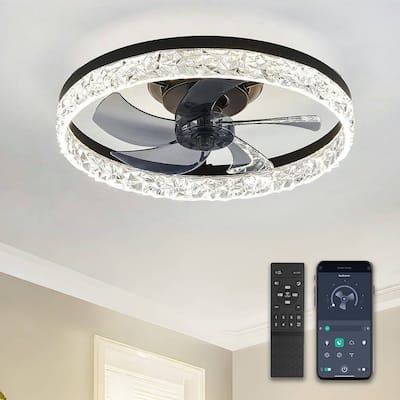 20 in. LED Indoor Black Crystal Flush Mount Ceiling Fan with Light Dimmable for Low Profile Kids Room