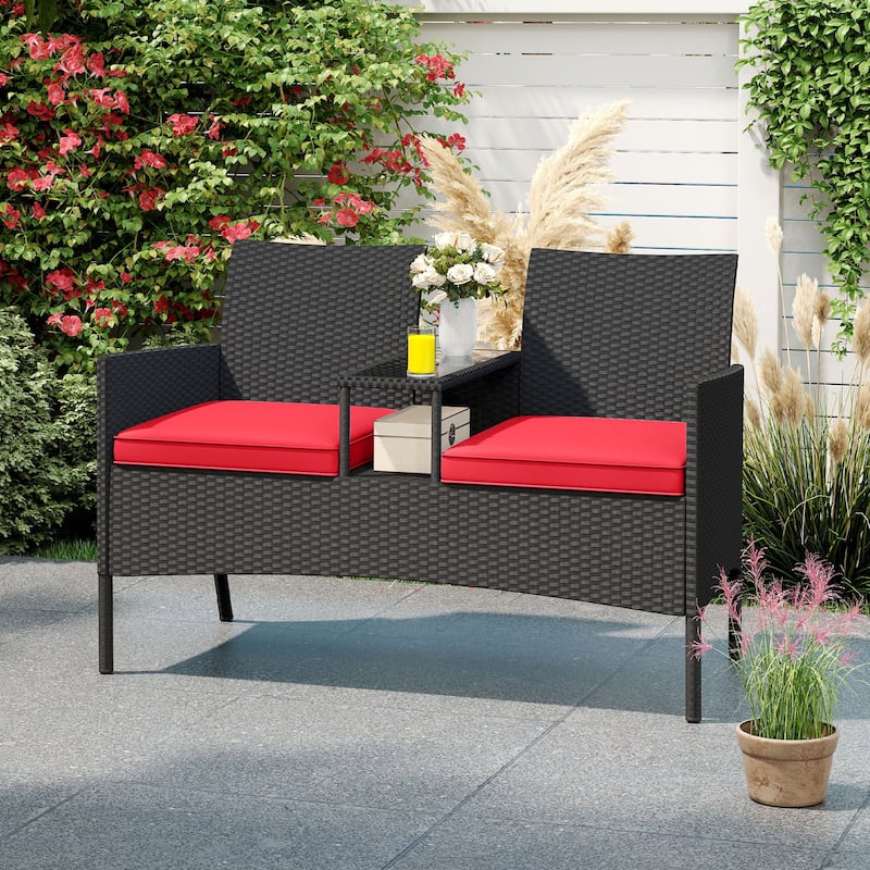 Black Rattan Metal Patio Loveseat with Cushions and Glass Table - 24.5" x 49" x 33"