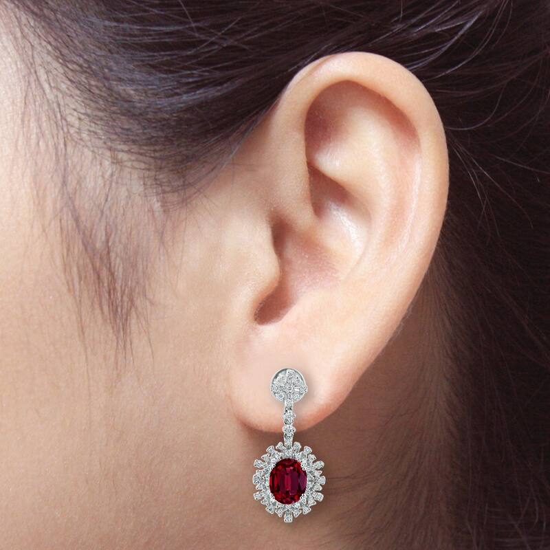 Auriya 5 3/4ct Fancy Oval-cut Red Ruby Halo Diamond Drop Earrings 1 1/3ctw 18k Gold