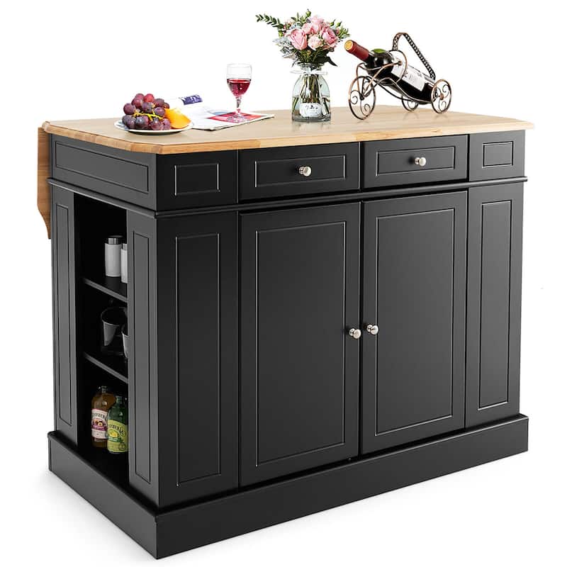 Gymax Large Kitchen Island Drop Leaf Breakfast Bar w/ Wood Top Shelves - Black