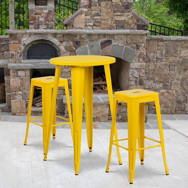 24'' Round Metal Indoor-Outdoor Bar Table Set with 2 Square Seat Backless Stools