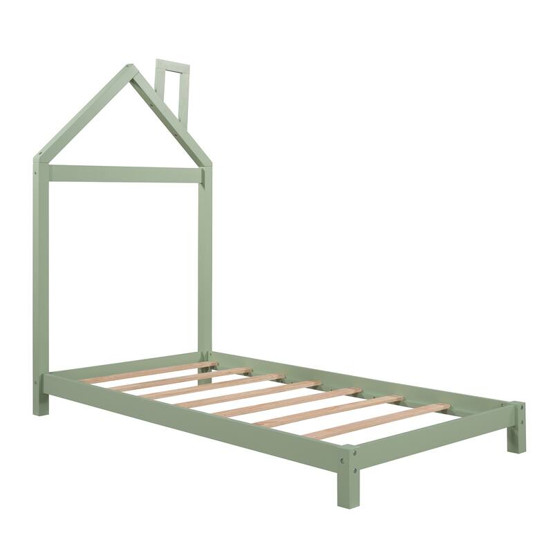 Wood Platform Bed with House-Shaped Headboard
