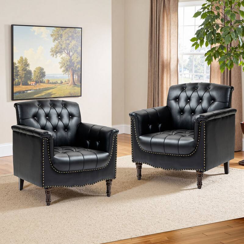 31" W Tufted Vegan Leather Accent Chairs for Living Room Set of 2 - Black