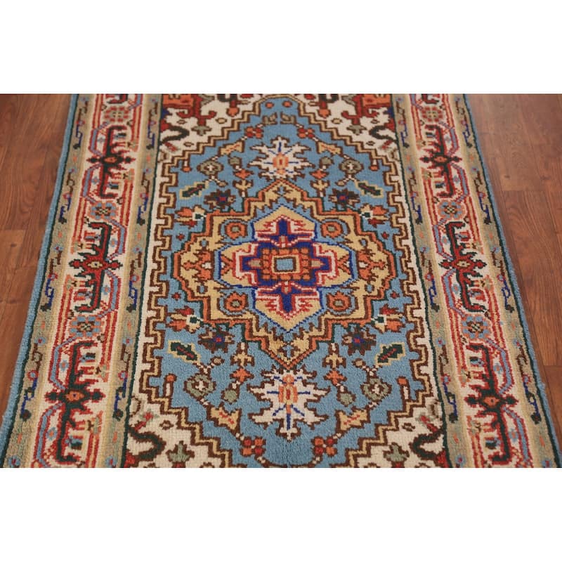 Light Blue Heriz Serapi Indian Rug Hand-Knotted Wool Carpet - 2'11"x 5'2"