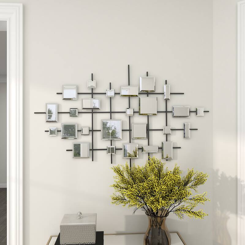 Black Metal Geometric Home Wall Decor with Square Mirrored Accents