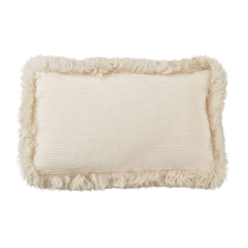 Cozy and Stylish Linen Poly Filled Throw Pillow with Plush Lamb Border - 12" x 20" - Polyester - Natural