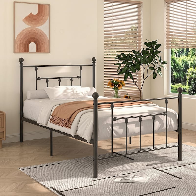VECELO Metal Platform Bed Frame with Headboard and Footboard Heavy Duty Slat Support Underbed Storage Space Victorian Style