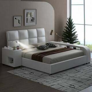 Queen Size Upholstered Platform Bed with Multimedia Nightstand & Storage Shelves Storage Bed Frame for Kids Teens Adults, White