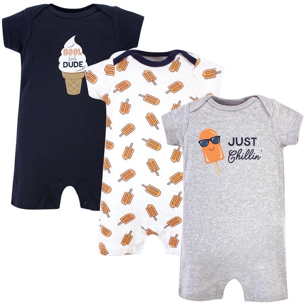 slide 1 of 1, Hudson Baby Infant Boy Cotton Rompers 3pk, Chillin Popsicle 0 - 3 Months - Blue