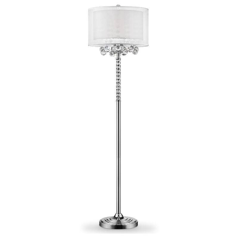 Silver Metal Candelabra Floor Lamp with White Fabric Drum Shades and Inline Switch - 17” x 17” x 62.5” (D x W x H)