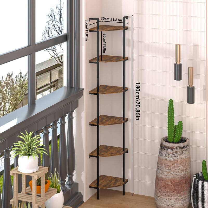 Rustic Brown Wall Mounted Corner Shelf - 11.81"D x 11.81"W x 70"H