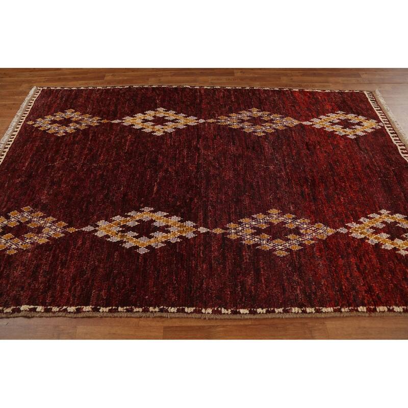 Hand Knotted Oriental 100% Wool Carpet Modern Tribal Red Moroccan Area Rug - 8' 3'' X 5' 3''