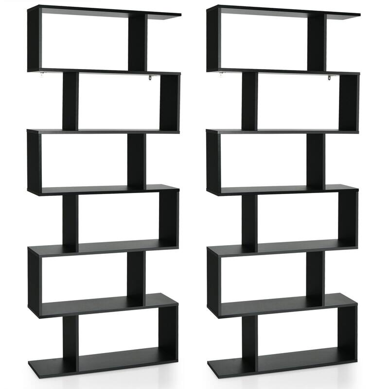 Gymax 2 PCS 6 Tier S-Shaped Bookshelf Storage Display Bookcase Z-Shelf - 31.5'' x 9'' x 75'' - Black