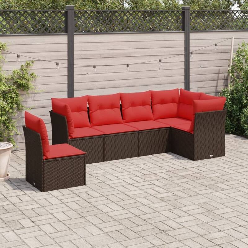 vidaXL 6/7 Piece Patio Sofa Set with Cushions Brown/Gray Poly Rattan - 21.7 x 24.4 x 27.2 - Brown and red With table