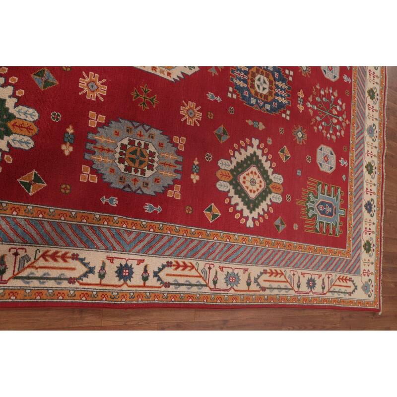 Geometric Red Kazak Area Rug Handmade Oriental Wool Carpet - 6'6" x 9'10"