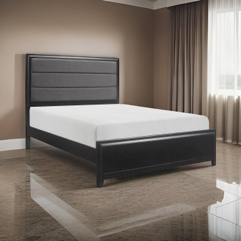 Zen Queen Size Bed, Gray Poly Upholstered Headboard, Espresso Brown Wood