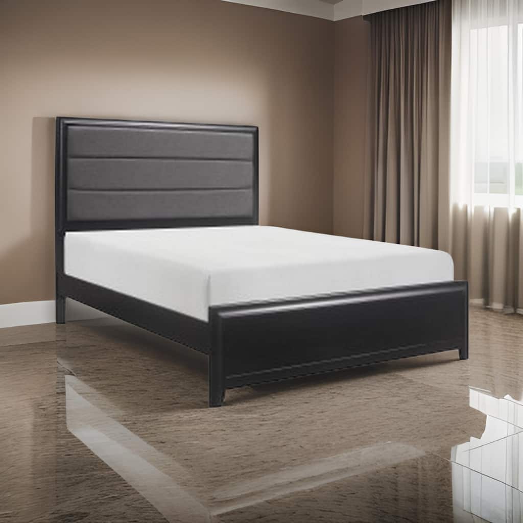 Zen Queen Size Bed, Gray Poly Upholstered Headboard, Espresso Brown Wood