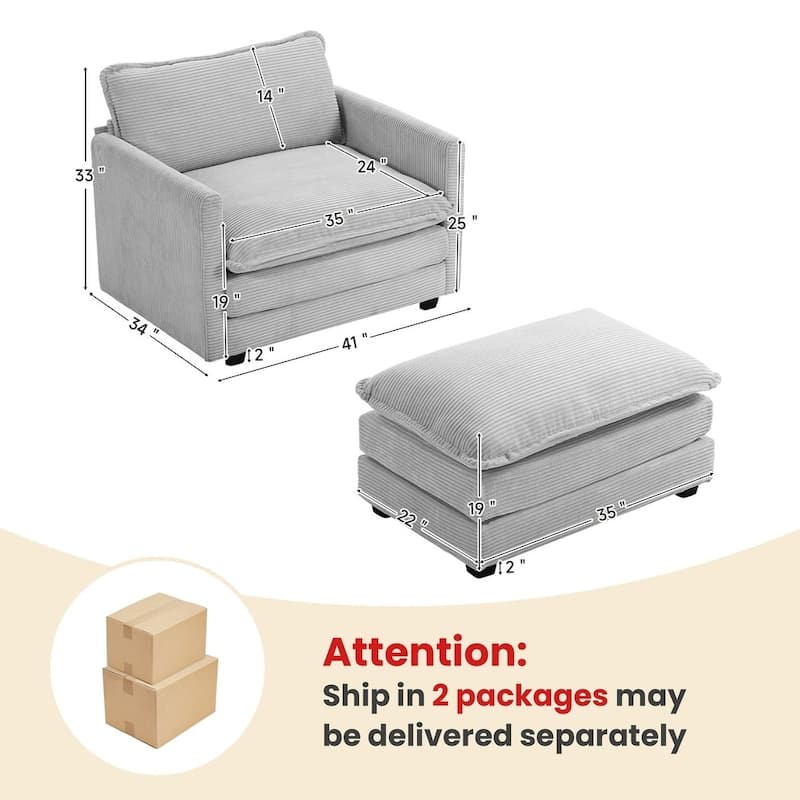 Oversized Corduroy Armchair with Plush Cushions and Movable Ottoman