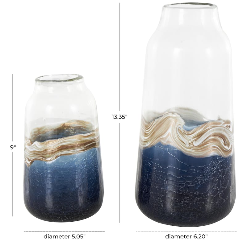 Glass Abstract Textured Swirl Decorative Vase with Gold and Cream Accents - Set of 2 Dark Blue - Roche River Decor