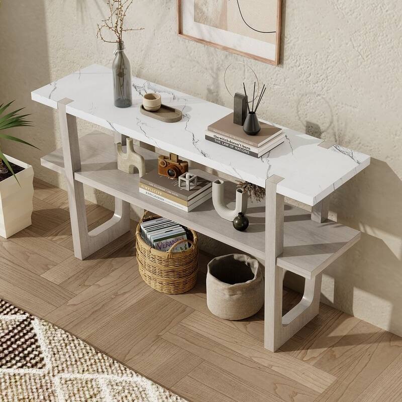 Console Table with Marble-Effect Top - Versatile Storage Solutions