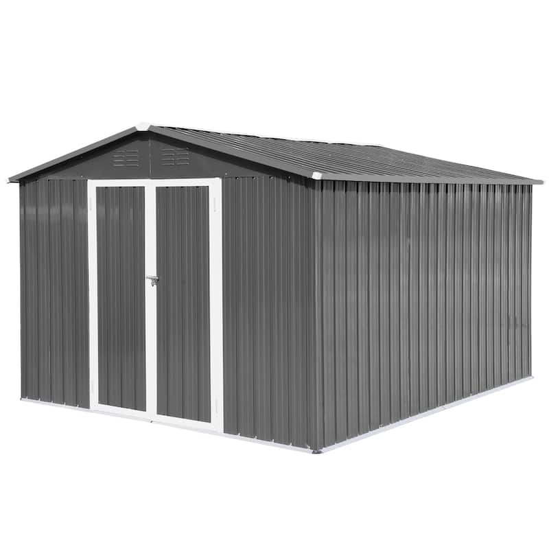 Metal Outdoor Storage Sheds 10ftx12ft, Double Doors, Grey