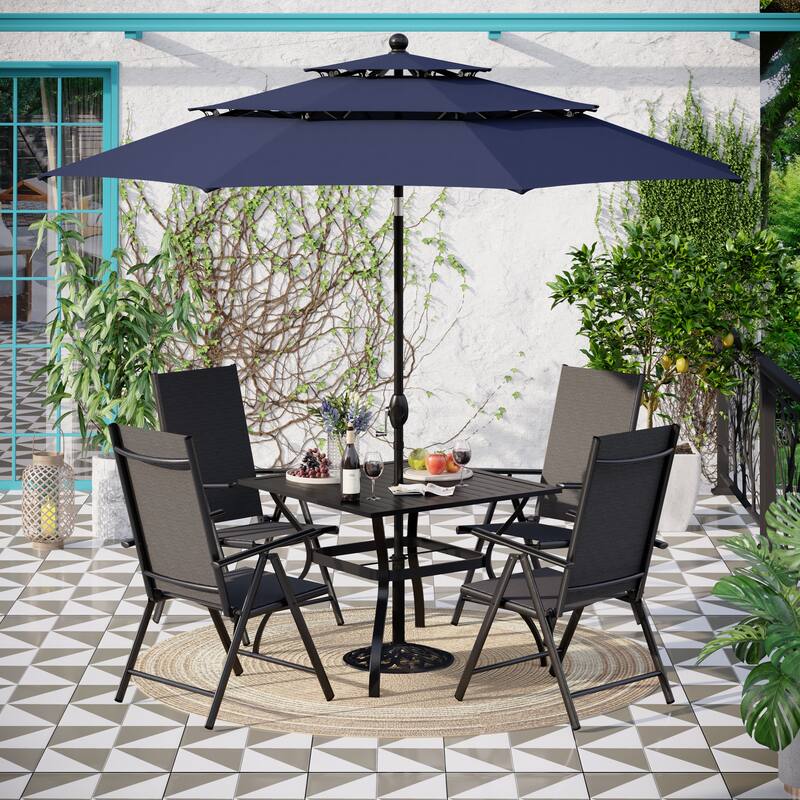 Outdoor 6-piece Patio Dining Set, 1 Square Metal table, 4 Adjustable Folding Chairs and 10ft Umbrella - Navy Blue