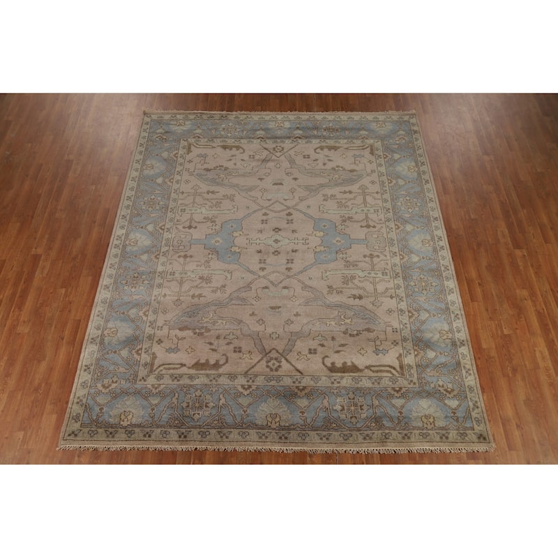 Light Brown Oushak Indian Area Rug Hand-Knotted Wool Carpet - 8'4"x 9'9"