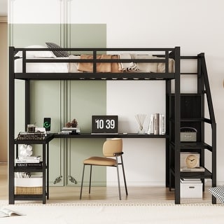 Metal Full Loft Bed with Wardrobe and LED Light, Full Size Loft Bed ...