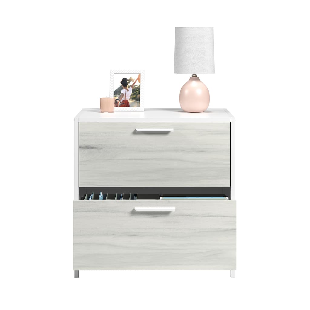 Wood Lateral File with Glass Shelves, Off White and Gray