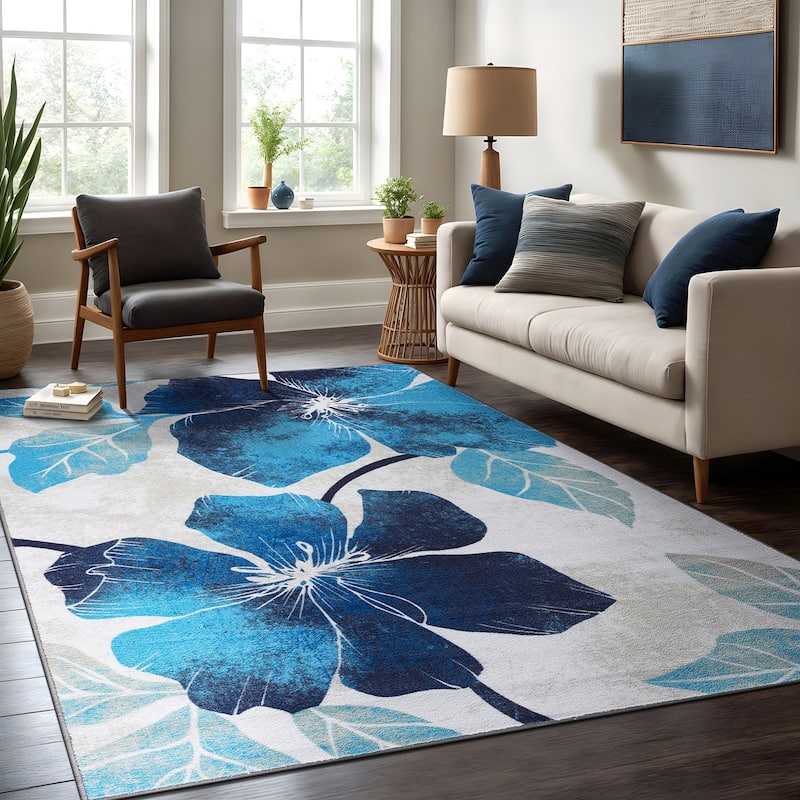 Bahamas Black White Floral Non-Slip Rubber Back Indoor Area Rug