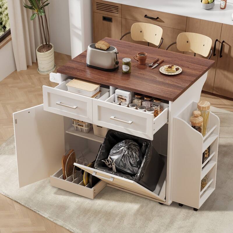 47.2" Rolling Kitchen Island on 5 Wheels with Drop Leaf, Kitchen Island with 2 Drawers, Trash Can Storage