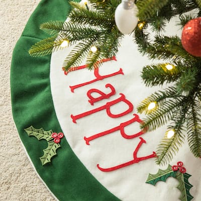 Glitzhome 48"D Christmas Felt Dimensional Holly Leaves Tree Skirt