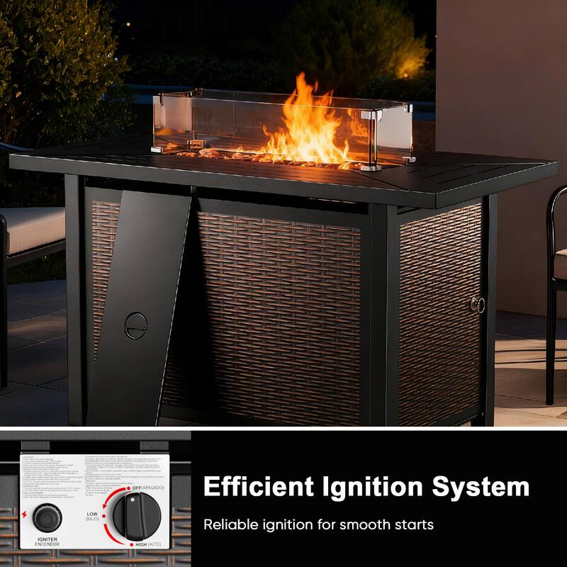 Meyreso 43 in. Rectangular Brown Metal Propane Outdoor Fire Pit Table with Glass Wind Guard Lid, Lava Rocks, 50000 BTU