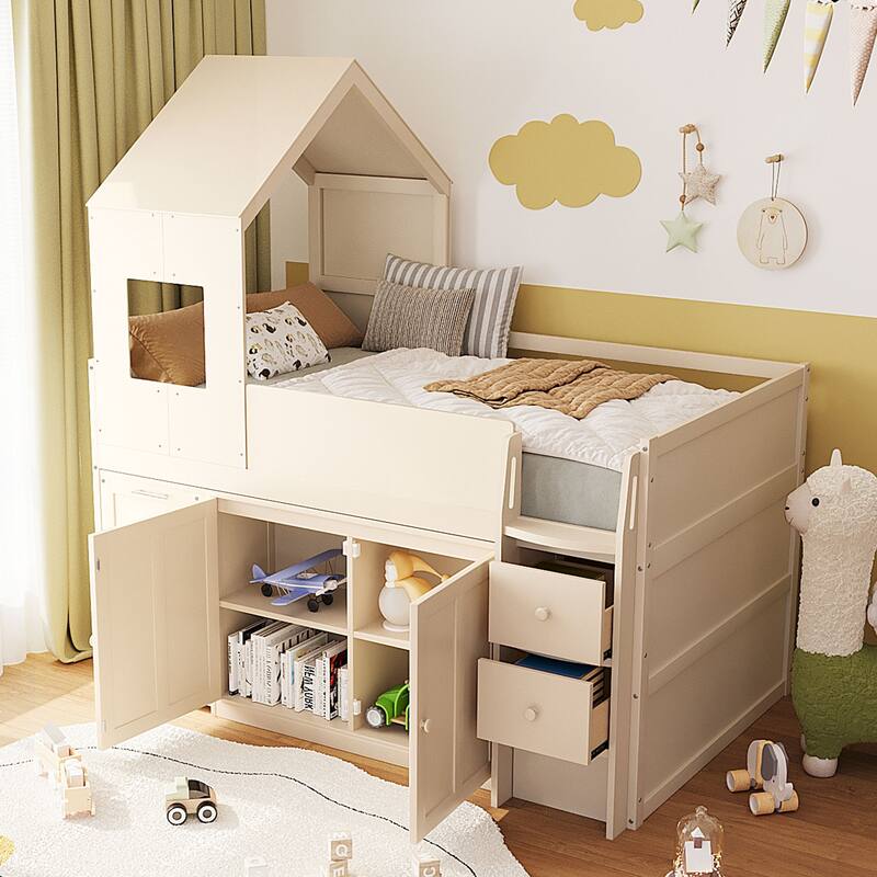 Twin Wood Loft Bed with Desk, Drawers & Cabinets, Space-Saving Design