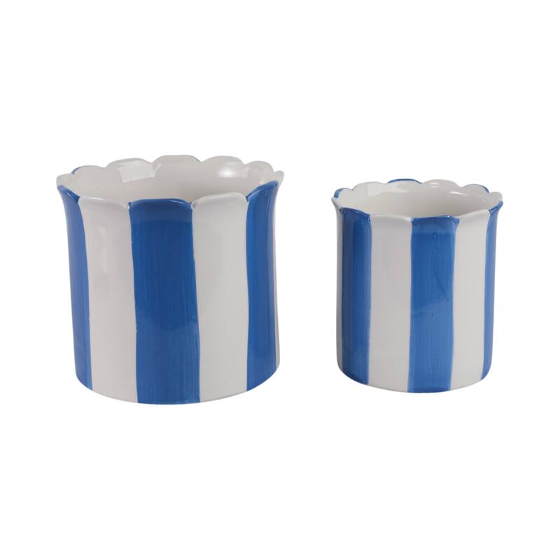 Ceramic Planter Scalloped Edge and Vertical Textured Design (Set of 2) - 8" x 8" x 7"