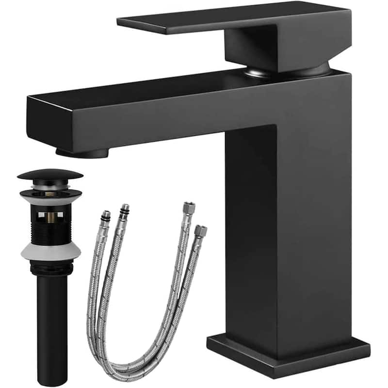 Modern Single Hole Bathroom Faucet, Solid Brass Square Sink Faucet with Pop-Up Drain and Water Supply Hoses