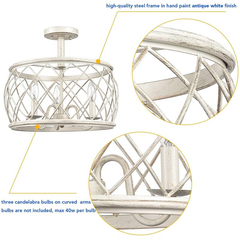 Treviso Farmhouse 3-Light Drum Semi Flush Mount Ceiling Light Metal Shade Antique White - Antique White