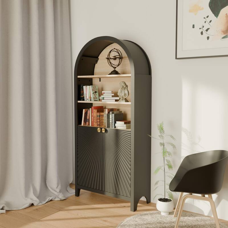 61" Tall Arched Cabinets,Bookcase with storage,Mid-Century Modern 5-Tier Bookshelf with Door,Black