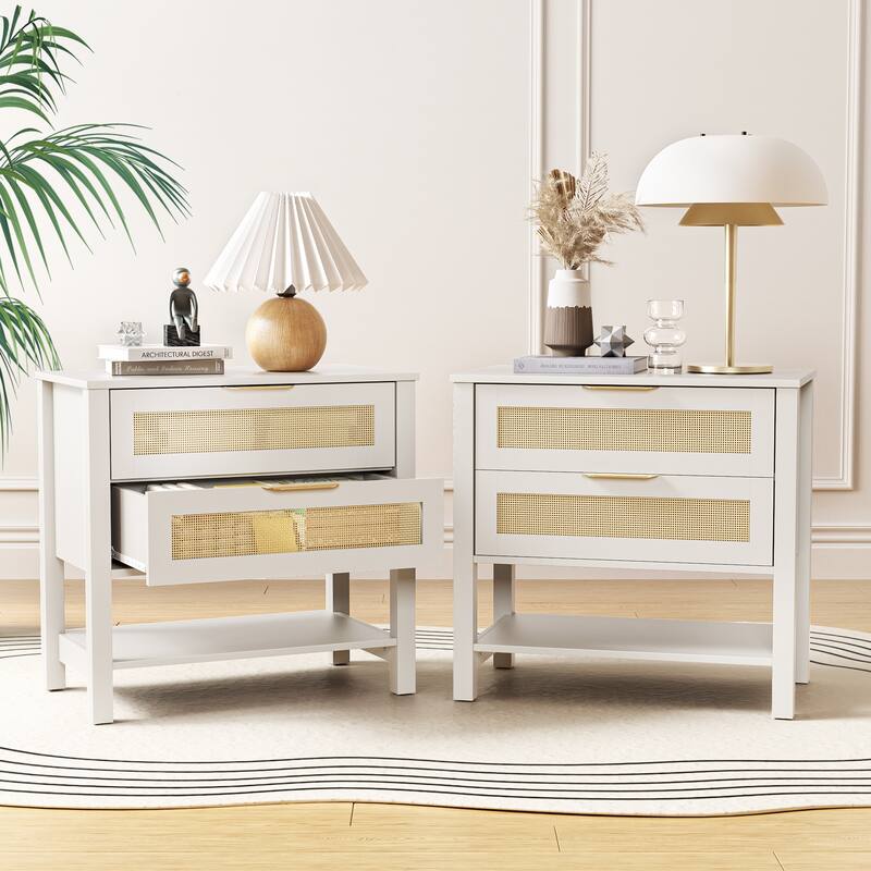 Rattan Nightstand with 2 Drawers and Storage Shelf Boho Bedside Narrow Side Table for Bedroom