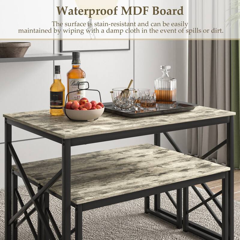 Javlergo Industrial Grey 3-Piece Dining Table Set with 2 Benches X-Frame Design Space Saving Kitchen Table Set for 4 People