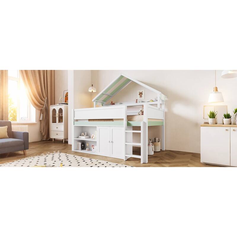 Roomfitters Full Size Loft Bed with House Canopy Roof and Storage Cabinet