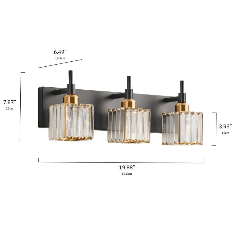 Matte Black 3-Light Bathroom Vanity Light Fixture with Clear Crystal ...