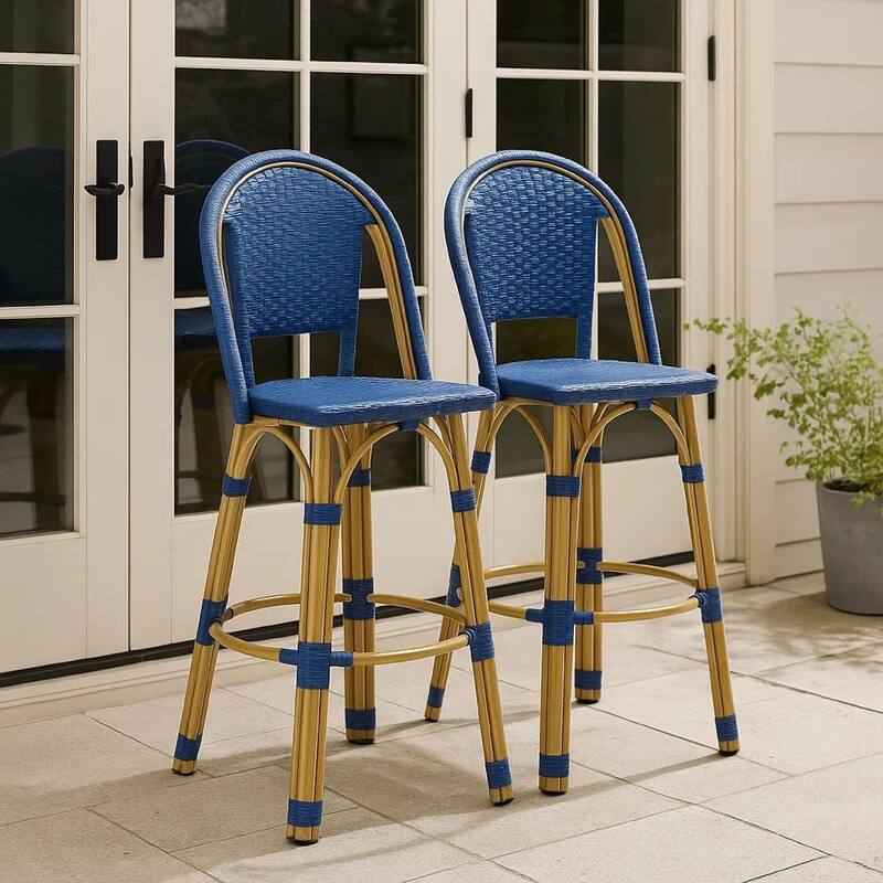 Gomy Outdoor Barstool Char Set of 2, Blue Wicker Woven, Brown Aluminum