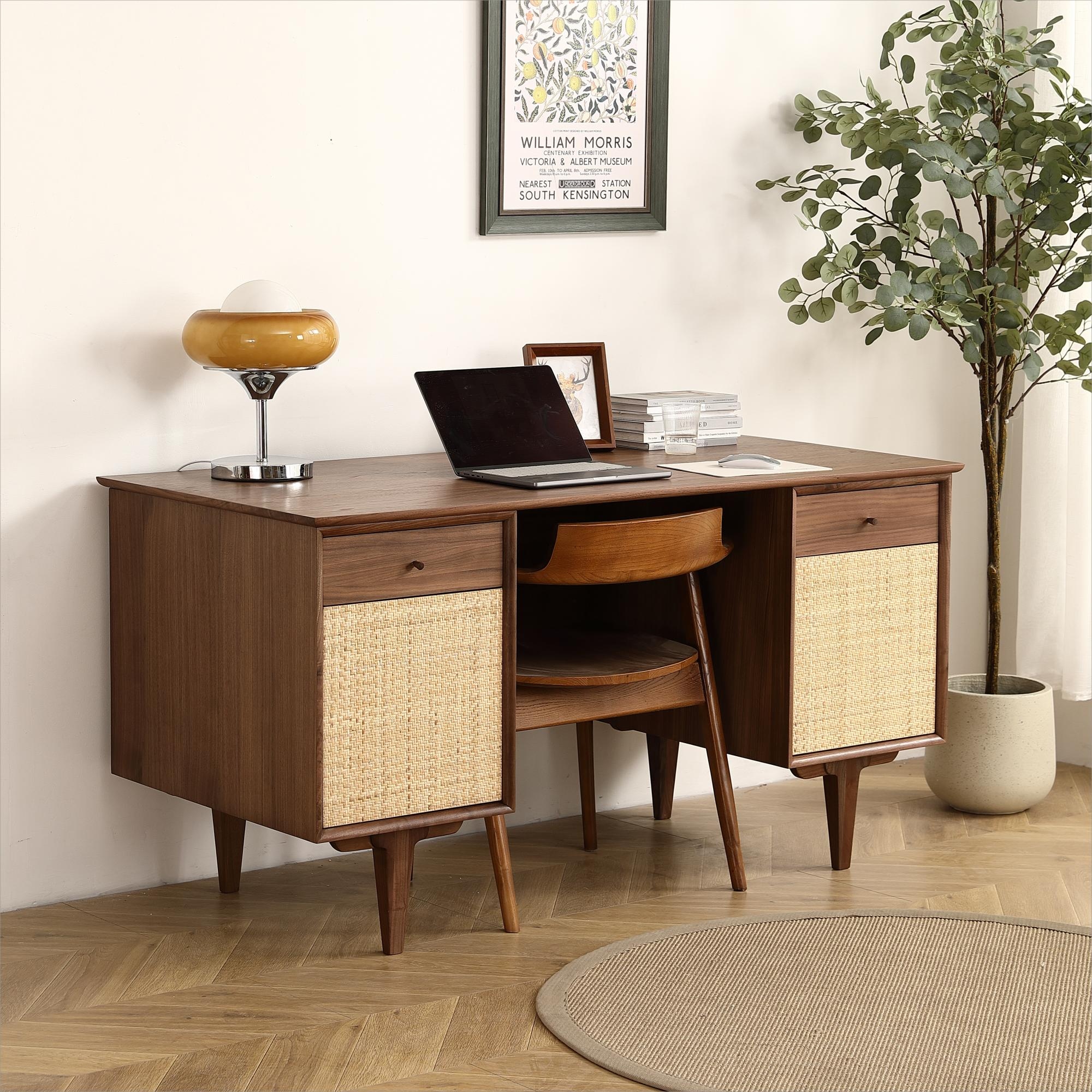 Black Walnut Desk with Rattan Net Large Computer Workstation with