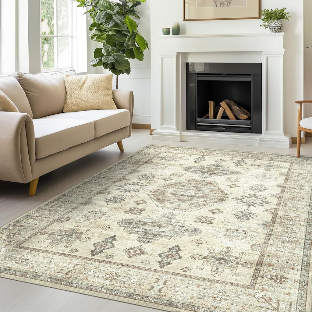 Mcow Floral Pattern Low-Pile Machine-Washable Non-Slip Area Rug - 8' x 10'