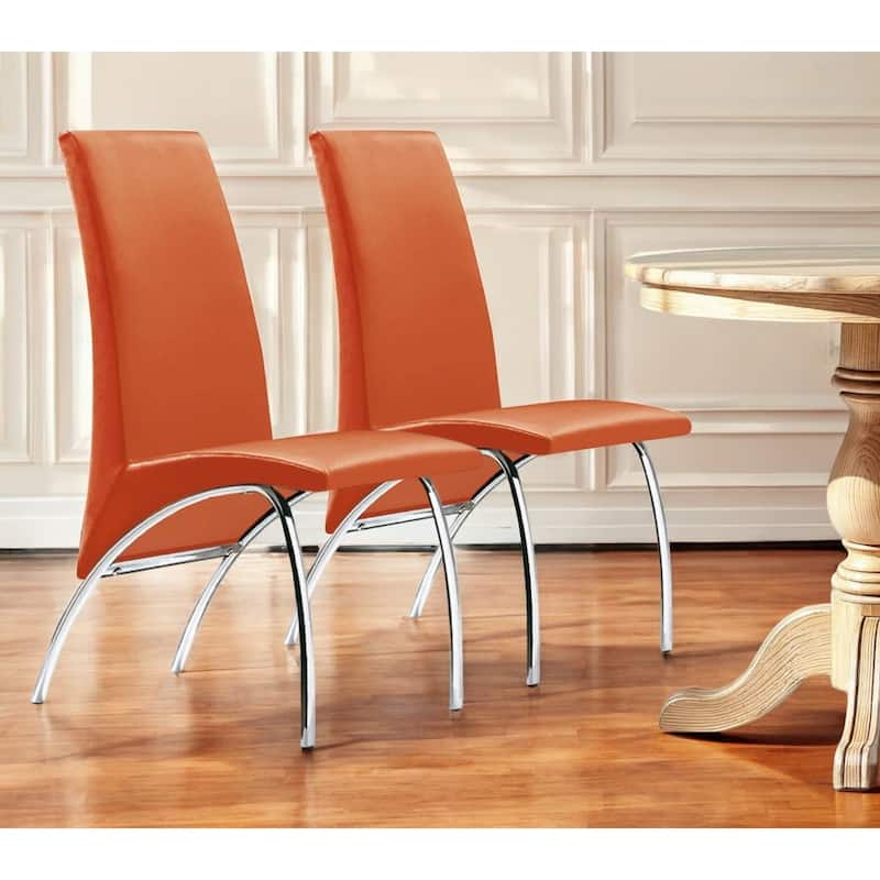 HomeRoots Set of Two Orange And Silver Upholstered Faux Leather Dining Side Chairs - 17 in. x 36 in. x 24.5 in. - Set of 2 - 17 in. x 36 in.  x 24.5 in. - Orange