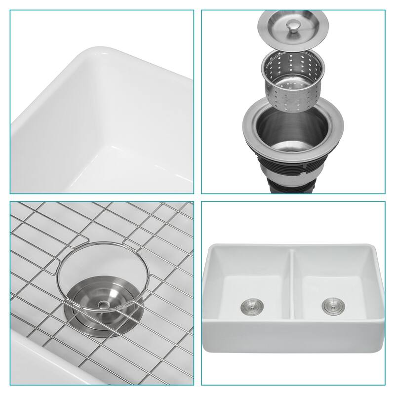 White Ceramic 32 in. Double Bowl Farmhouse Apron Kitchen Sink with Bottom Grid