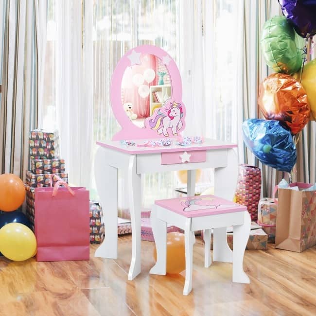 Kids Wooden Makeup Dressing Table and Chair Set with Mirror and Drawer - 19" x 14" x 35" (L x W x H)
