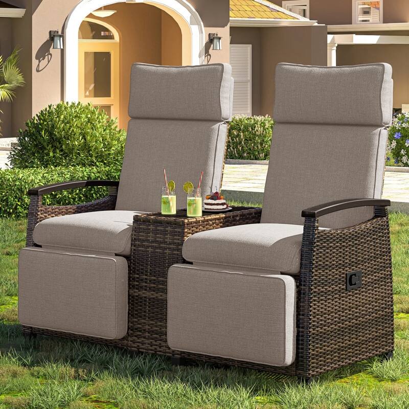 Patio Wicker Recliner Loveseat Chair Lounge Chair Set with Adjustable Backrest&Built-in Storage Table