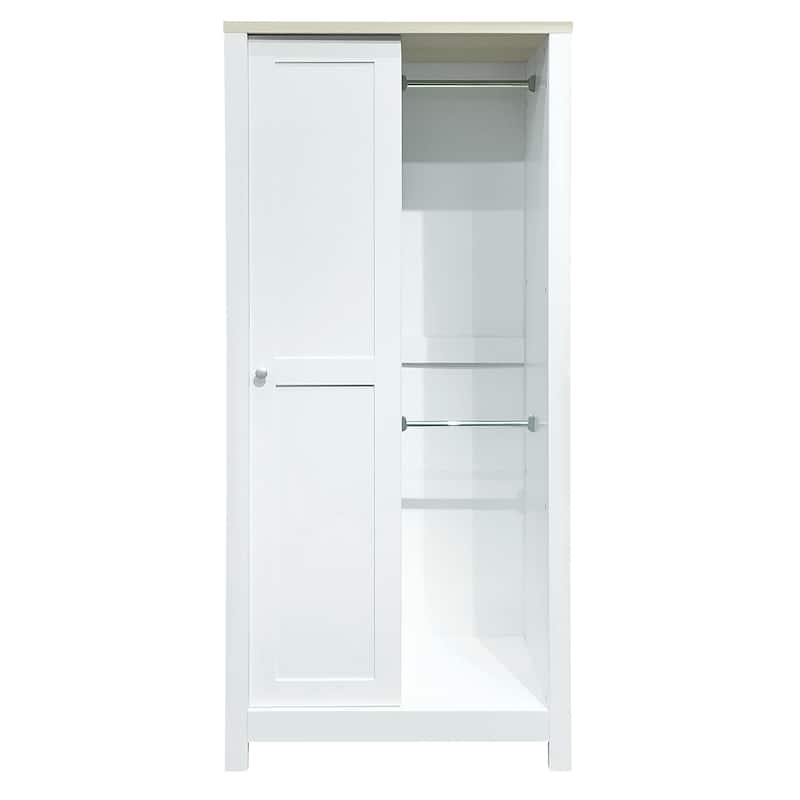 Roomfitters Sliding Door Wardrobe with Hanging Rods, Open Storage Shelves and Modern Panel Design, White